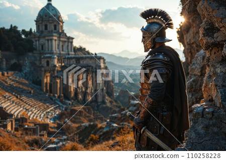 A armored Roman gladiator overlooking ancient Rome earth. Holding a sword and shield. 110258228