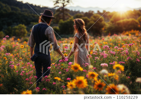 A loving couple holding hands and looking at each other while standing in a field of wildflowers 110258229