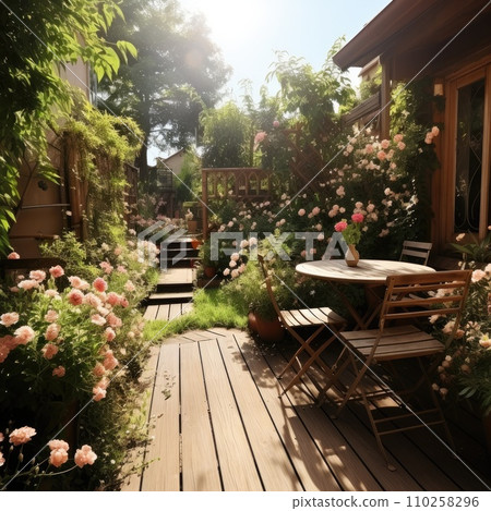 AI-generated content. Backyard oasis with private garden and beautiful landscape. AI Generative. AI-generated content. Backyard oasis with private garden and beautiful landscape. AI Generative. 110258296