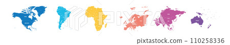 Set of six world continent maps in a row - North America, South America, Africa, Europe, Asia and Australia. Flat vector map with country name labels Set of six world continent maps in a row - North America, South America, Africa, Europe, Asia and Australia. Flat vector map with country name labels 110258336