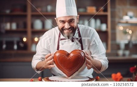 Male confectioner decorating tasty chocolate cake in kitchen 110258572