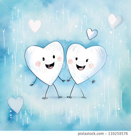 Two white cartoon watercolor teeth with legs and hand fall in love 110258576