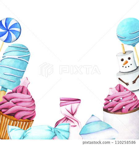 Frame. Sweet dessert ice creams, cupcake with pink berry cream and popsicle. Hot drink cup with whipped cream. Christmas marshmallow snow man. Watercolor illustration for Valentine's Day, or birthday Frame. Sweet dessert ice creams, cupcake with pink berry cream and popsicle. Hot drink cup with whipped cream. Christmas marshmallow snow man. Watercolor illustration for Valentine's Day, or birthday 110258586