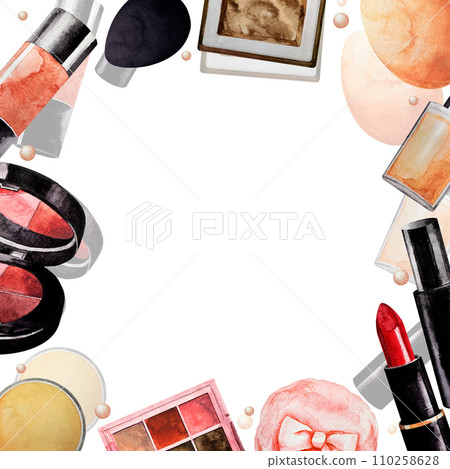 Square frame of Makeup. White background. Watercolor. Beige Cosmetics elements for banner or text. Square frame of Makeup. White background. Watercolor. Beige Cosmetics elements for banner or text. 110258628