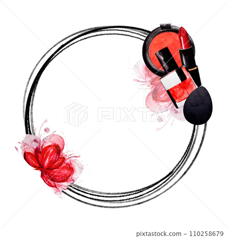 Red frame of Makeup elements. White background. Watercolor. Isolated. Cosmetics for banner or text. Red frame of Makeup elements. White background. Watercolor. Isolated. Cosmetics for banner or text. 110258679