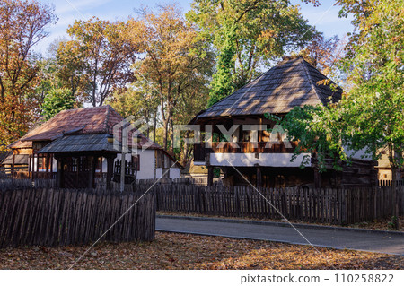 Authentic peasant settlements exhibiting traditional Romanian village life inside Dimitrie Gusti National Village Museum in Bucharest. Authentic peasant settlements exhibiting traditional Romanian village life inside Dimitrie Gusti National Village Museum in Bucharest. 110258822
