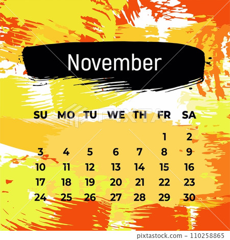 Page for november 2024 year. Square calendar planner for a month. Orange background. Design template for layout 110258865