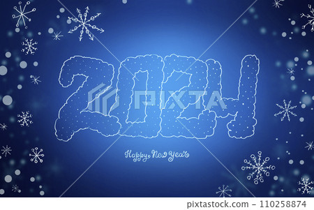 Happy new year 2024 Blue background with white snowflakes. Holiday greeting card. For postcards, banner and poster. 110258874