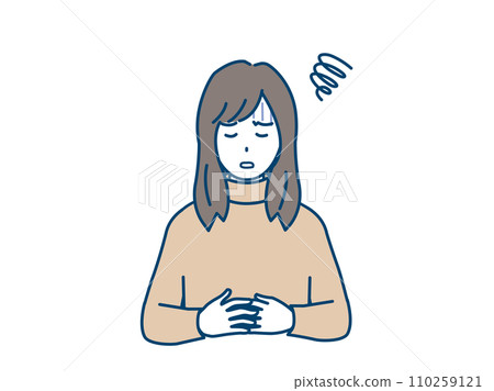 Symptoms of abdominal pain and menstrual pain: Illustration of a young woman holding her stomach Symptoms of abdominal pain and menstrual pain: Illustration of a young woman holding her stomach 110259121