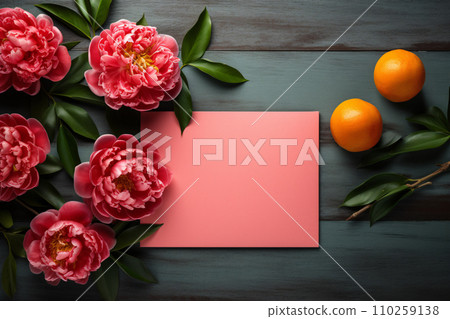 Mockup blank paper greeting card with peony flower and mandarin orange symbol of prosperity on wood backdrop, Chinese new year background. Generative AI Mockup blank paper greeting card with peony flower and mandarin orange symbol of prosperity on wood backdrop, Chinese new year background. Generative AI 110259138
