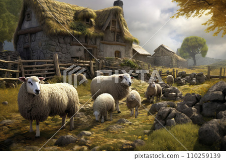 Sheep graze near the sheepfold Sheep graze near the sheepfold 110259139