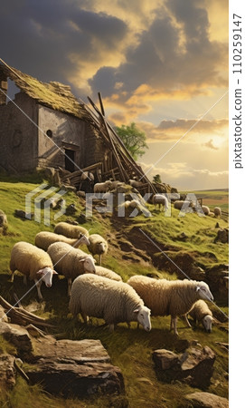 Sheep graze near the sheepfold Sheep graze near the sheepfold 110259147