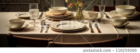 Table setting with flowers and decor in light colors Table setting with flowers and decor in light colors 110259300
