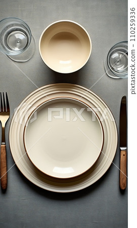 Top view of a set table with empty plates and glasses Top view of a set table with empty plates and glasses 110259336
