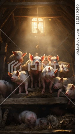 Pigs in a pigsty in the backyard 110259340