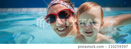 Mom with children in the pool 110259397
