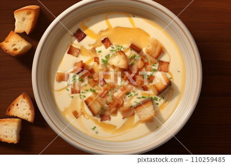Cream soup with garlic croutons 110259485