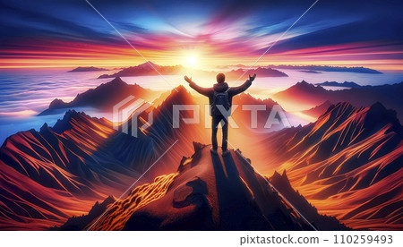 Mountain ranges and a sea of clouds bathed in the morning sun. An image of the first sunrise. AI images. Mountain ranges and a sea of clouds bathed in the morning sun. An image of the first sunrise. AI images. 110259493