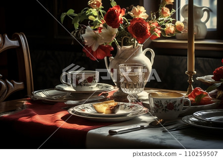 classic table setting in dark colors classic table setting in dark colors 110259507