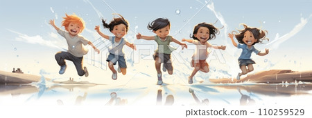 Happy joyful children running through puddles Happy joyful children running through puddles 110259529
