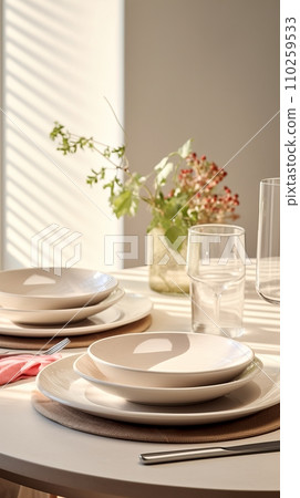 Table setting with flowers and decor in light colors 110259533