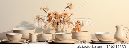 Table setting with flowers and decor in light colors 110259583