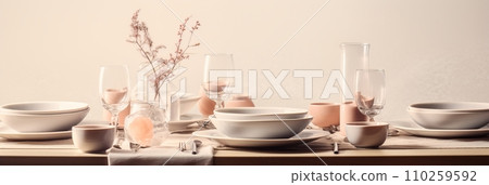 Table setting with flowers and decor in light colors Table setting with flowers and decor in light colors 110259592