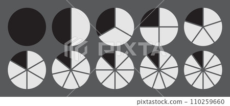Circle divided into 1-10 parts icon set. Full circle segment diagram in 1-10 parts graph icon pie shape section chart in black and white color. Circle divided in ten parts infographics. Circle divided into 1-10 parts icon set. Full circle segment diagram in 1-10 parts graph icon pie shape section chart in black and white color. Circle divided in ten parts infographics. 110259660