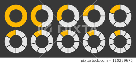 Hollow circle divided into 1-10 parts icon set. Hollow circle segment diagram in 1-10 parts graph icon pie shape section chart in yellow-white color. Hollow circle divided in ten parts infographics. Hollow circle divided into 1-10 parts icon set. Hollow circle segment diagram in 1-10 parts graph icon pie shape section chart in yellow-white color. Hollow circle divided in ten parts infographics. 110259675