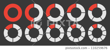 Hollow circle divided into 1-10 parts icon set. Hollow circle segment diagram in 1-10 parts graph icon pie shape section chart in red and white color. Hollow circle divided in ten parts infographics. 110259676