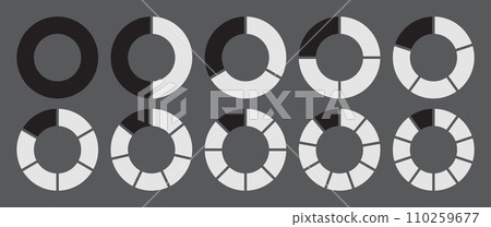 Hollow circle divided into 1-10 parts icon set. Hollow circle segment diagram in 1-10 parts graph icon pie shape section chart in black-white color. Hollow circle divided in ten parts infographics. Hollow circle divided into 1-10 parts icon set. Hollow circle segment diagram in 1-10 parts graph icon pie shape section chart in black-white color. Hollow circle divided in ten parts infographics. 110259677