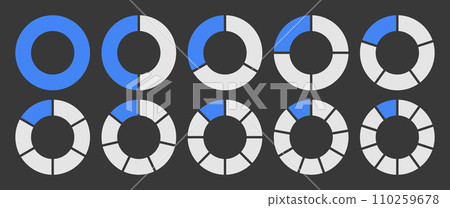 Hollow circle divided into 1-10 parts icon set. Hollow circle segment diagram in 1-10 parts graph icon pie shape section chart in blue and white color. Hollow circle divided in ten parts infographics. 110259678