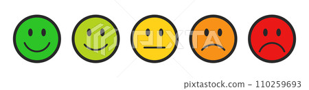 Rating emojis set in different colors with black outline. Feedback emoticons collection. Very happy, happy, neutral, sad and very sad emojis. Flat icon set of rating and feedback emojis icons. Rating emojis set in different colors with black outline. Feedback emoticons collection. Very happy, happy, neutral, sad and very sad emojis. Flat icon set of rating and feedback emojis icons. 110259693