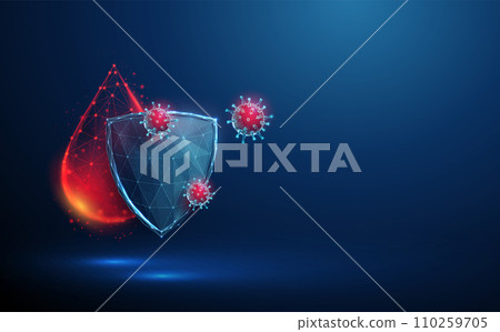 Abstract red drop of blood behind the blue guard shield attacked by viruses. Low poly style. Virus protection concept. Abstract red drop of blood behind the blue guard shield attacked by viruses. Low poly style. Virus protection concept. 110259705
