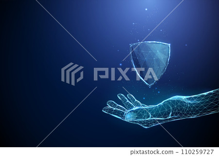 Abstract blue giving hand with 3d guard shield. Medicine protection, cyber security and insurance concept Low poly style Abstract blue giving hand with 3d guard shield. Medicine protection, cyber security and insurance concept Low poly style 110259727