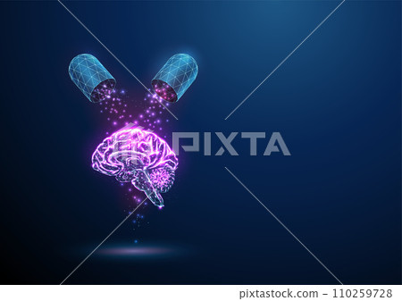 Abstract open blue medical drug capsule with falling particles on the brain Healthcare medical pharmacy concept Low poly 110259728