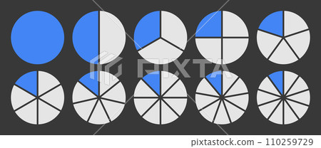 Circle divided into 1-10 parts icon set. Full circle segment diagram in 1-10 parts graph icon pie shape section chart in blue and white color. Circle divided in ten parts infographics. Circle divided into 1-10 parts icon set. Full circle segment diagram in 1-10 parts graph icon pie shape section chart in blue and white color. Circle divided in ten parts infographics. 110259729