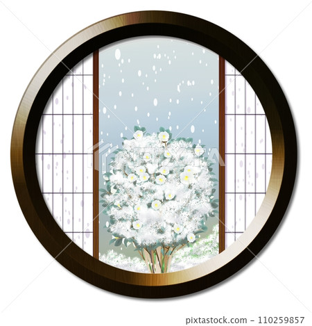 Snow-covered white camellias visible from the round window Snow-covered white camellias visible from the round window 110259857