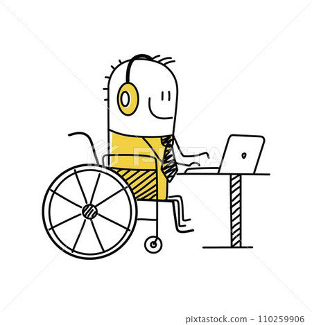 Stick man, disabled person in wheelchair working on computer desk in home office. 110259906