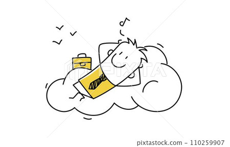 Stick man on a cloud listening to music. 110259907