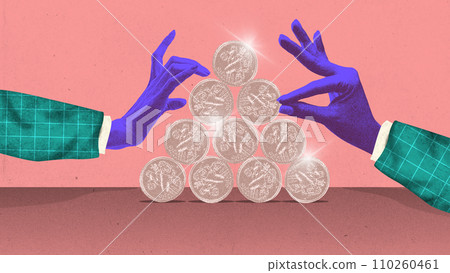Contemporary art collage. two people, businessmen, carefully placing coins on top of each other to form pyramid. Financial literacy. Grainy fabric effect. Contemporary art collage. two people, businessmen, carefully placing coins on top of each other to form pyramid. Financial literacy. Grainy fabric effect. 110260461