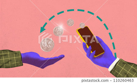 Contemporary art collage. Withdrawal of funds. Money is transferred from phone into hands. Grainy fabric effect. 110260463