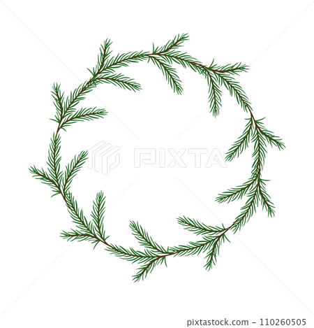 Winter wreath with fir twigs. Modern design of a holiday invitation card, poster, banner, greeting card, postcard, packaging, print. Vector illustration. Winter wreath with fir twigs. Modern design of a holiday invitation card, poster, banner, greeting card, postcard, packaging, print. Vector illustration. 110260505