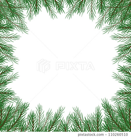 Border of pine and fir branches for design of postcard or banner, sign. Modern design for holiday invitation card, poster, banner, greeting card, postcard, packaging, print. Vector illustration. 110260510