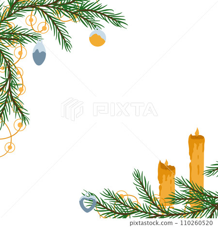 Border of pine and fir branches with New Year s balls and Christmas tree garland and candles in the corner illustration for design of postcard or banner, sign 110260520