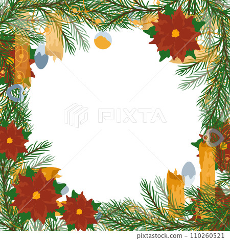 Winter border of fir branches, decorated with poinsettia, garland, candles and Christmas balls. Modern design for holiday invitation card, poster, banner, greeting card, postcard, packaging, print. Ve 110260521