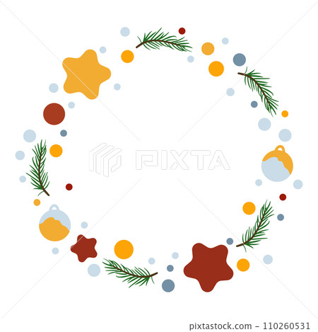 Winter wreath made of fir branches, decorated with Christmas decorations, balls and stars. Modern design for holiday invitation card, poster, banner, greeting card, postcard, packaging, print. Vector  110260531