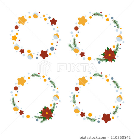 A set of winter wreaths made from fir branches, decorated with poinsettias and Christmas ornaments, balls and stars. Modern design for holiday invitation card, poster, banner, greeting card 110260541