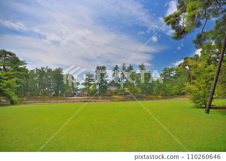 Tohoku, Hiraizumi, Motsuji Pure Land Garden, Central Garan, Kondo Enryuji Temple ruins, Oizumigaike Pond and main hall visible in front of the site, Hiraizumi Town, Iwate Prefecture (2) 110260646