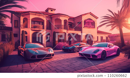 Villa and Luxury cars. Sport cars in courtyard near a luxury villa. Villa and Luxury cars. Sport cars in courtyard near a luxury villa. 110260662